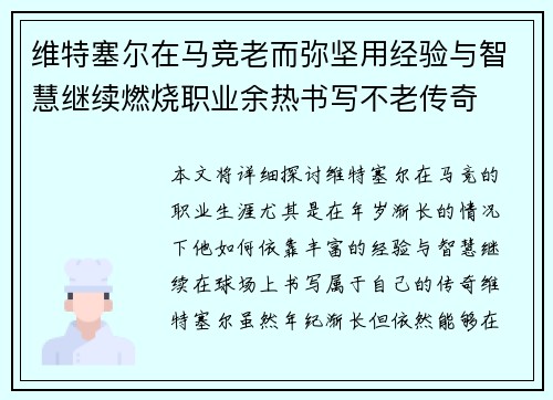 维特塞尔在马竞老而弥坚用经验与智慧继续燃烧职业余热书写不老传奇 维特塞尔在马竞老而弥坚用经验与智慧继续燃烧职业余热书写不老传奇