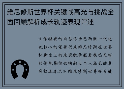 维尼修斯世界杯关键战高光与挑战全面回顾解析成长轨迹表现评述